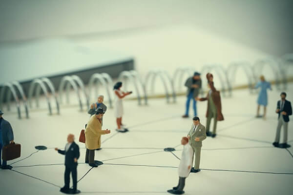 close up of miniature people with social network diagram on open notebook on wooden desk as social media concept